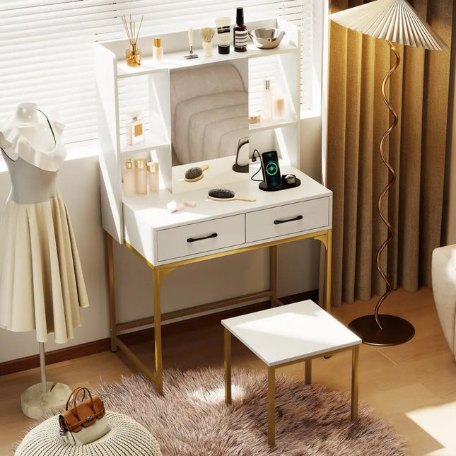 Vanity Desk with Storage Drawers and Charging Station-White - White - Makeup Vanities