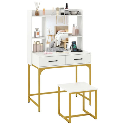 Vanity Desk with Storage Drawers and Charging Station-White - White - Makeup Vanities
