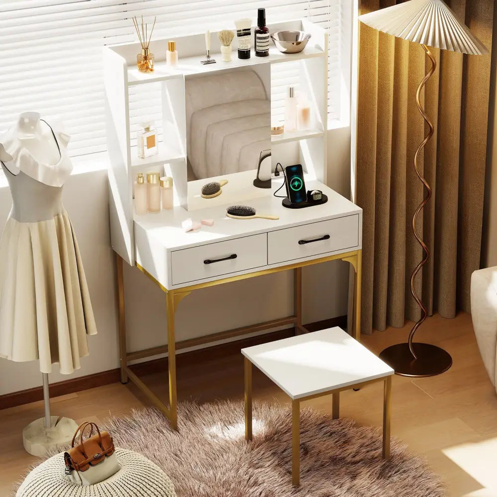 Vanity Desk with Storage Drawers and Charging Station-White - White - Makeup Vanities