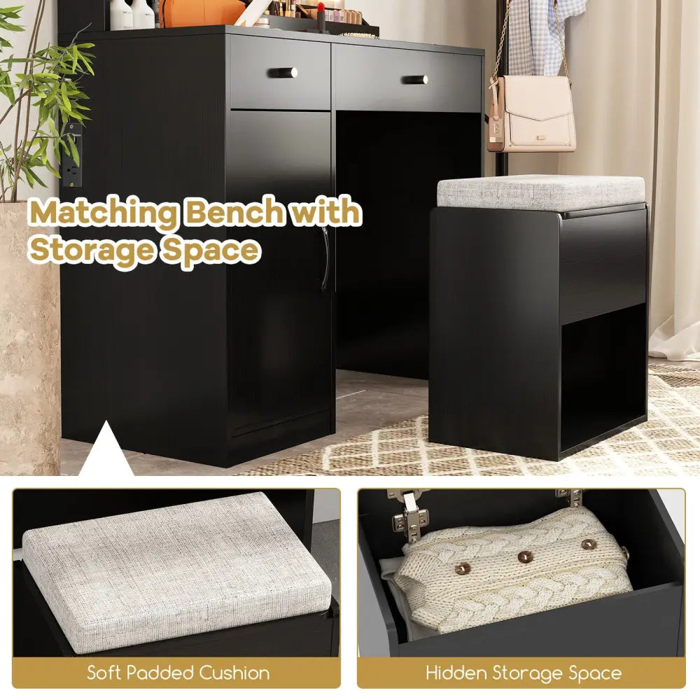 Vanity Dressing Table and Chair Set with Mirror and Lights-Black - Black - Makeup Vanities