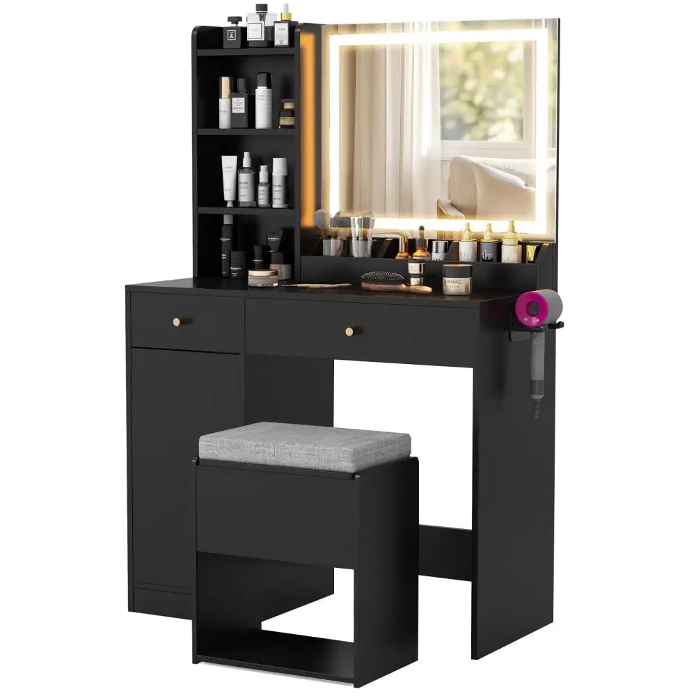 Vanity Dressing Table and Chair Set with Mirror and Lights-Black - Black - Makeup Vanities