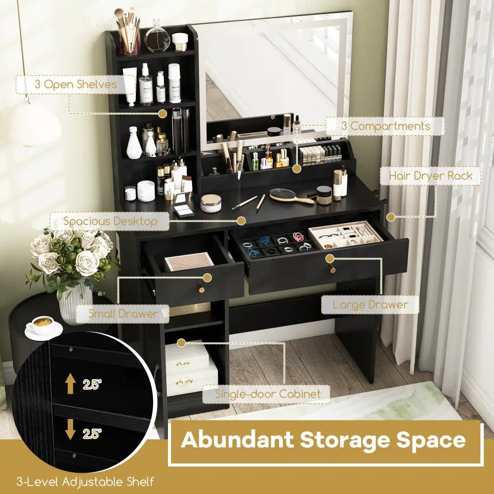 Vanity Dressing Table and Chair Set with Mirror and Lights-Black - Black - Makeup Vanities