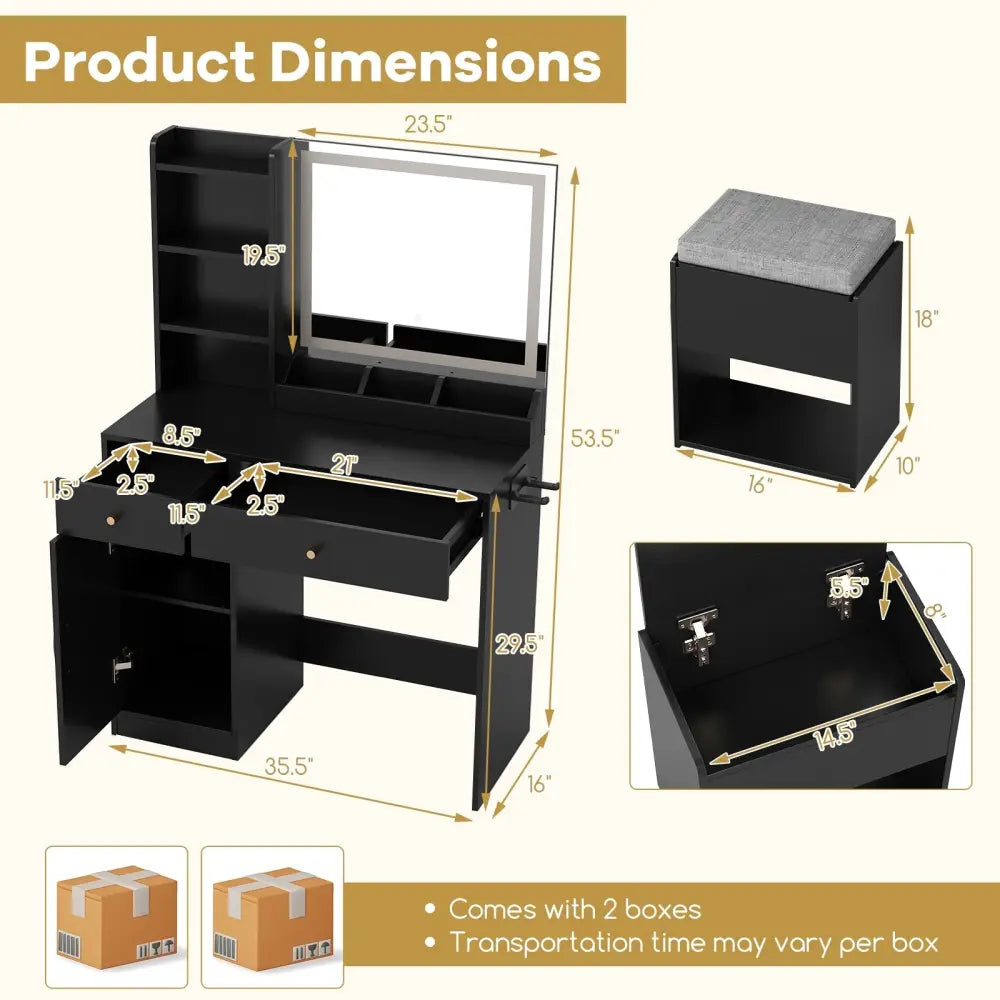 Vanity Dressing Table and Chair Set with Mirror and Lights-Black - Black - Makeup Vanities