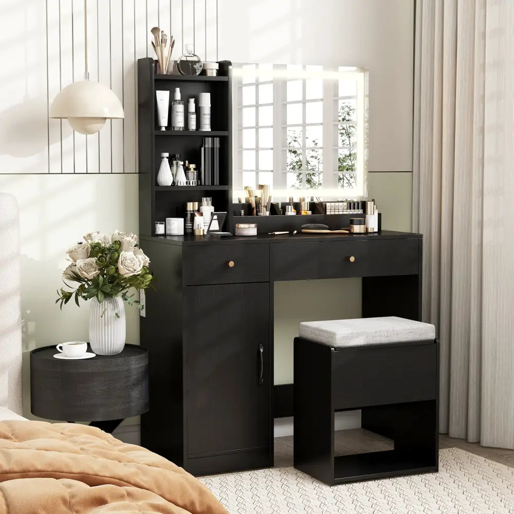 Vanity Dressing Table and Chair Set with Mirror and Lights-Black - Black - Makeup Vanities