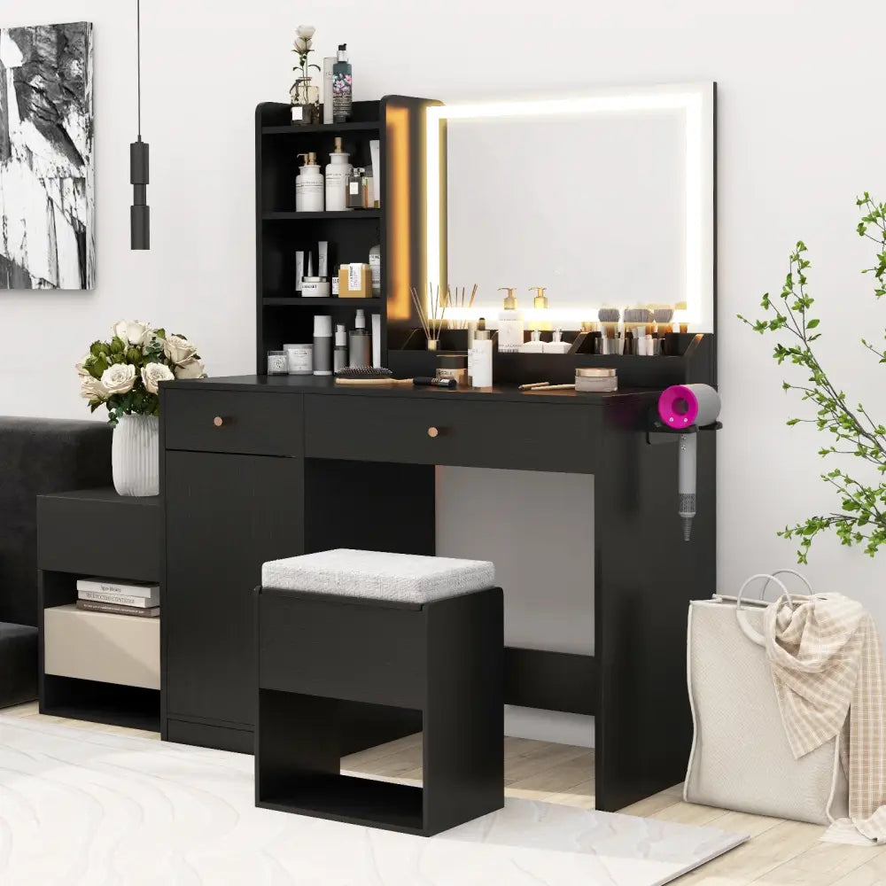 Vanity Dressing Table and Chair Set with Mirror and Lights-Black - Black - Makeup Vanities