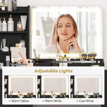 Vanity Dressing Table and Chair Set with Mirror and Lights-Black - Black - Makeup Vanities