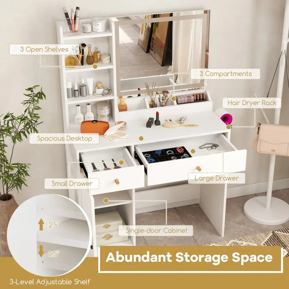 Vanity Dressing Table and Chair Set with Mirror and Lights-White - White - Makeup Vanities