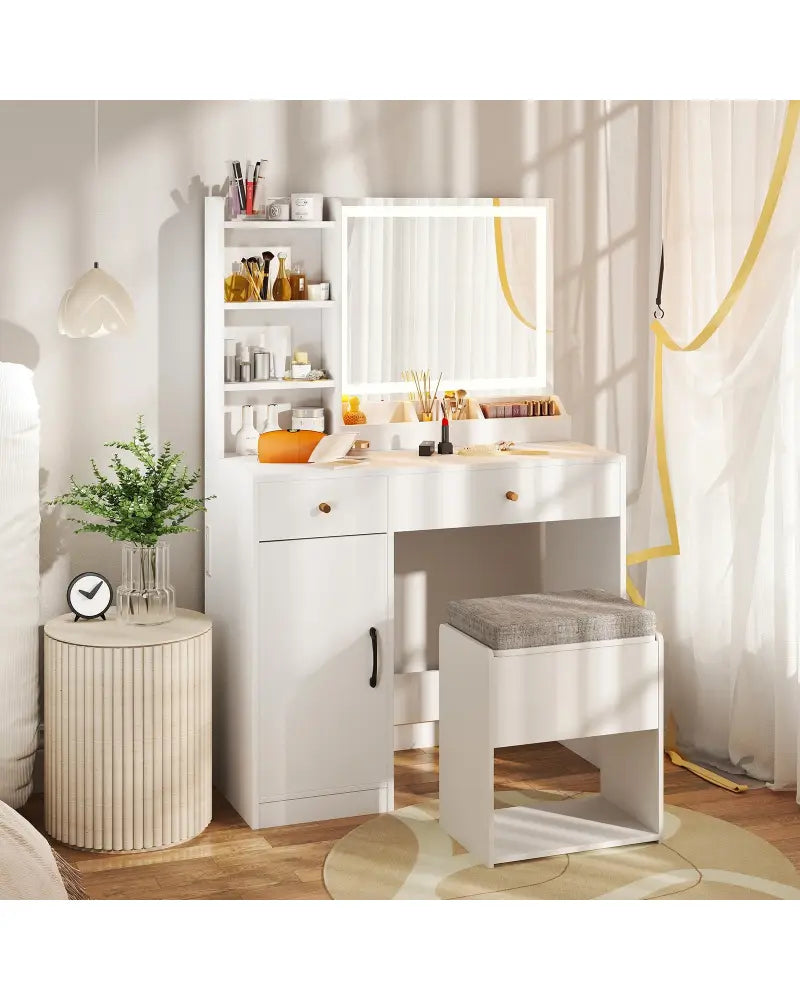 Vanity Dressing Table and Chair Set with Mirror and Lights-White - White - Makeup Vanities