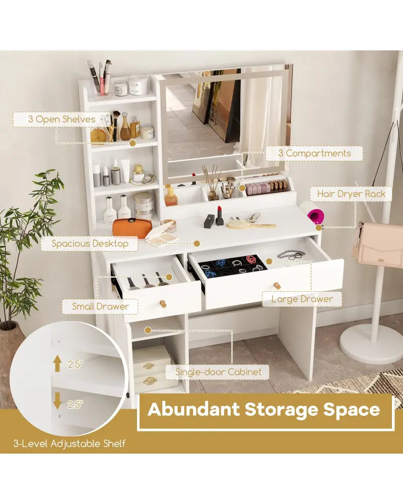 Vanity Dressing Table and Chair Set with Mirror and Lights-White - White - Makeup Vanities