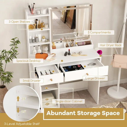Vanity Dressing Table and Chair Set with Mirror and Lights-White - White - Makeup Vanities