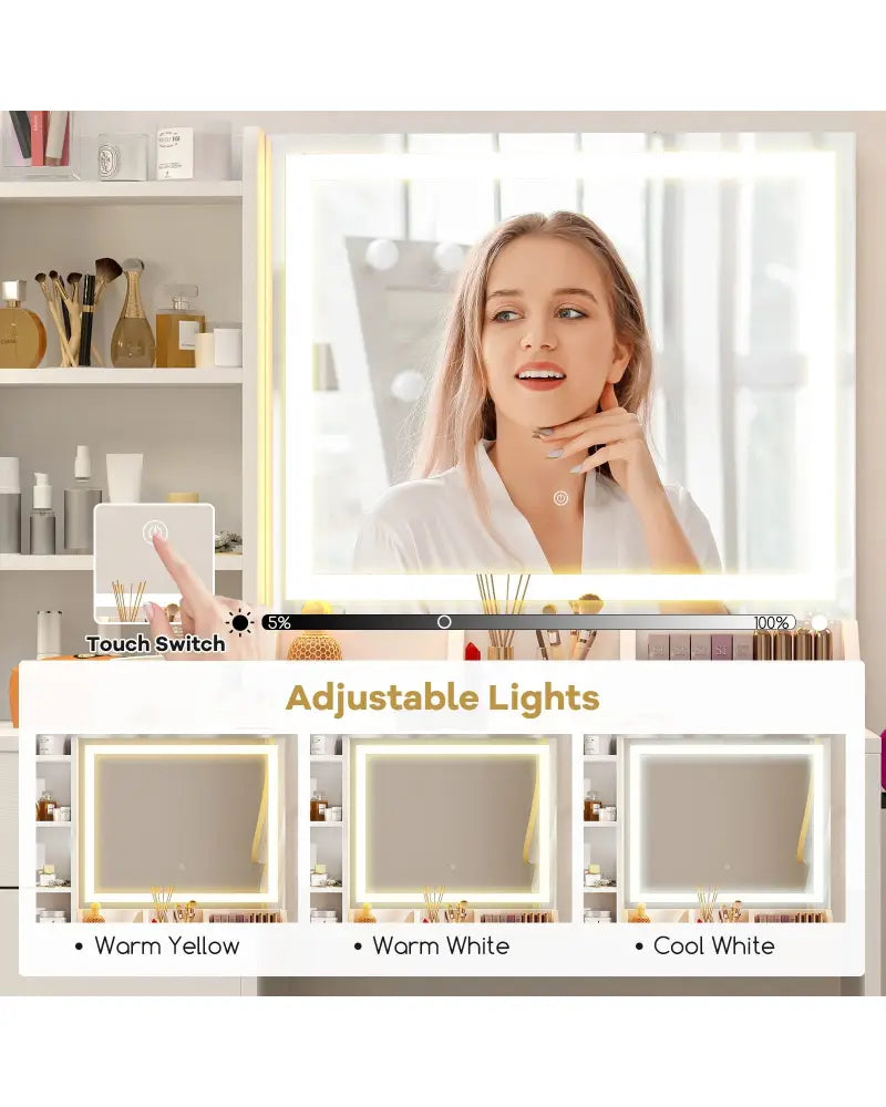 Vanity Dressing Table and Chair Set with Mirror and Lights-White - White - Makeup Vanities