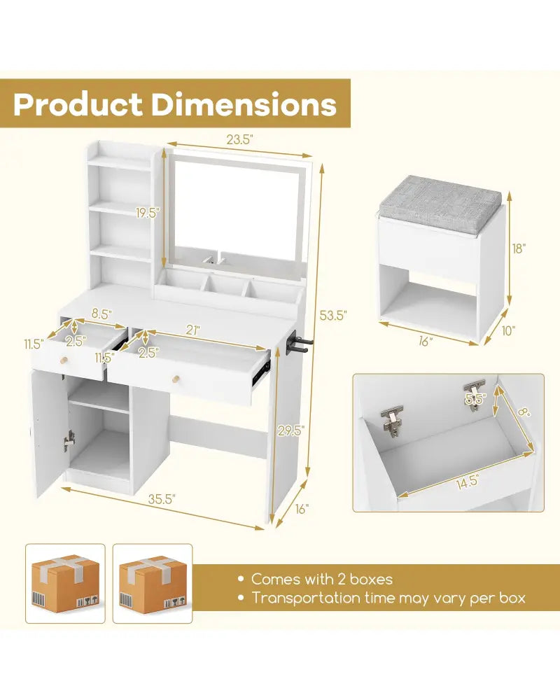 Vanity Dressing Table and Chair Set with Mirror and Lights-White - White - Makeup Vanities