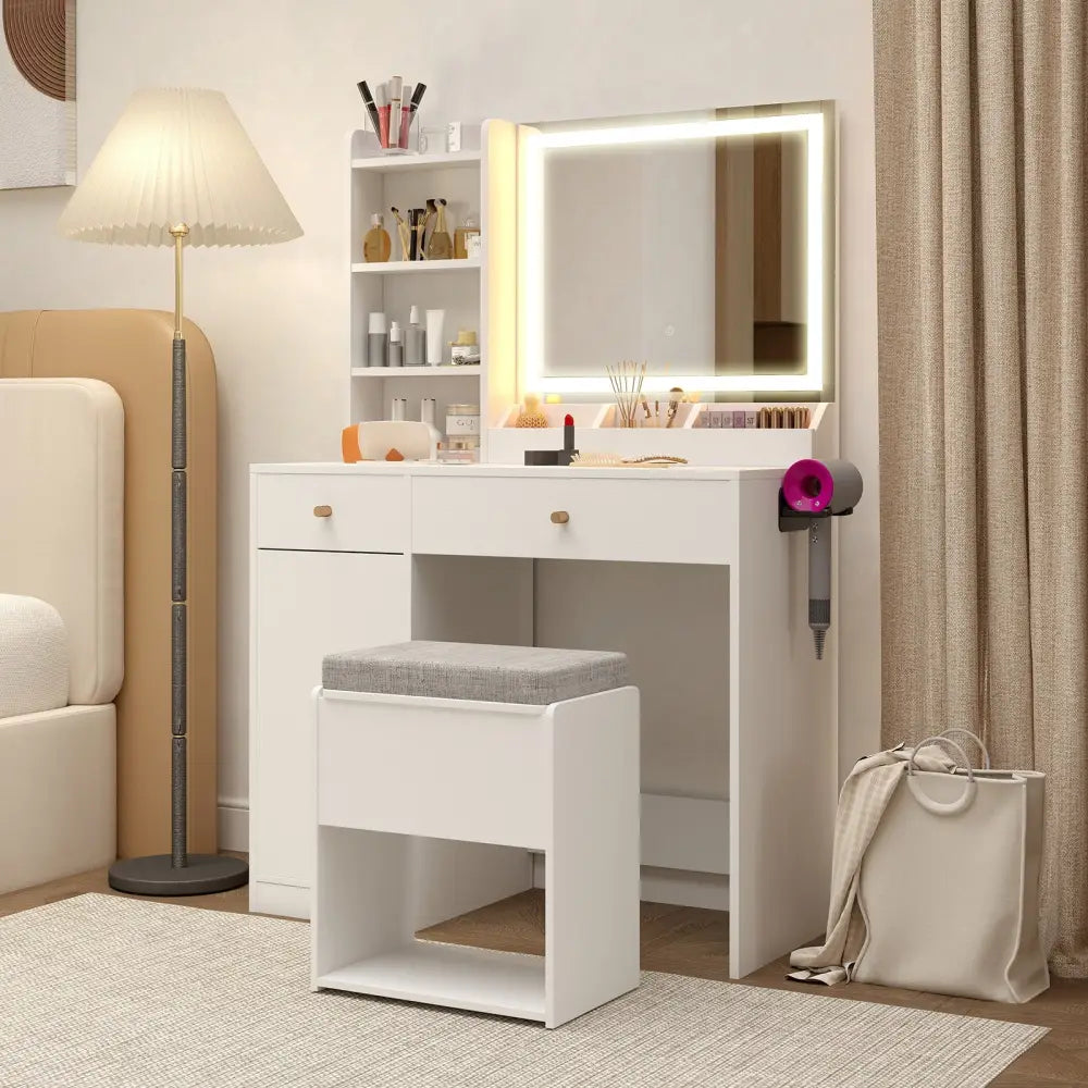 Vanity Dressing Table and Chair Set with Mirror and Lights-White - White - Makeup Vanities