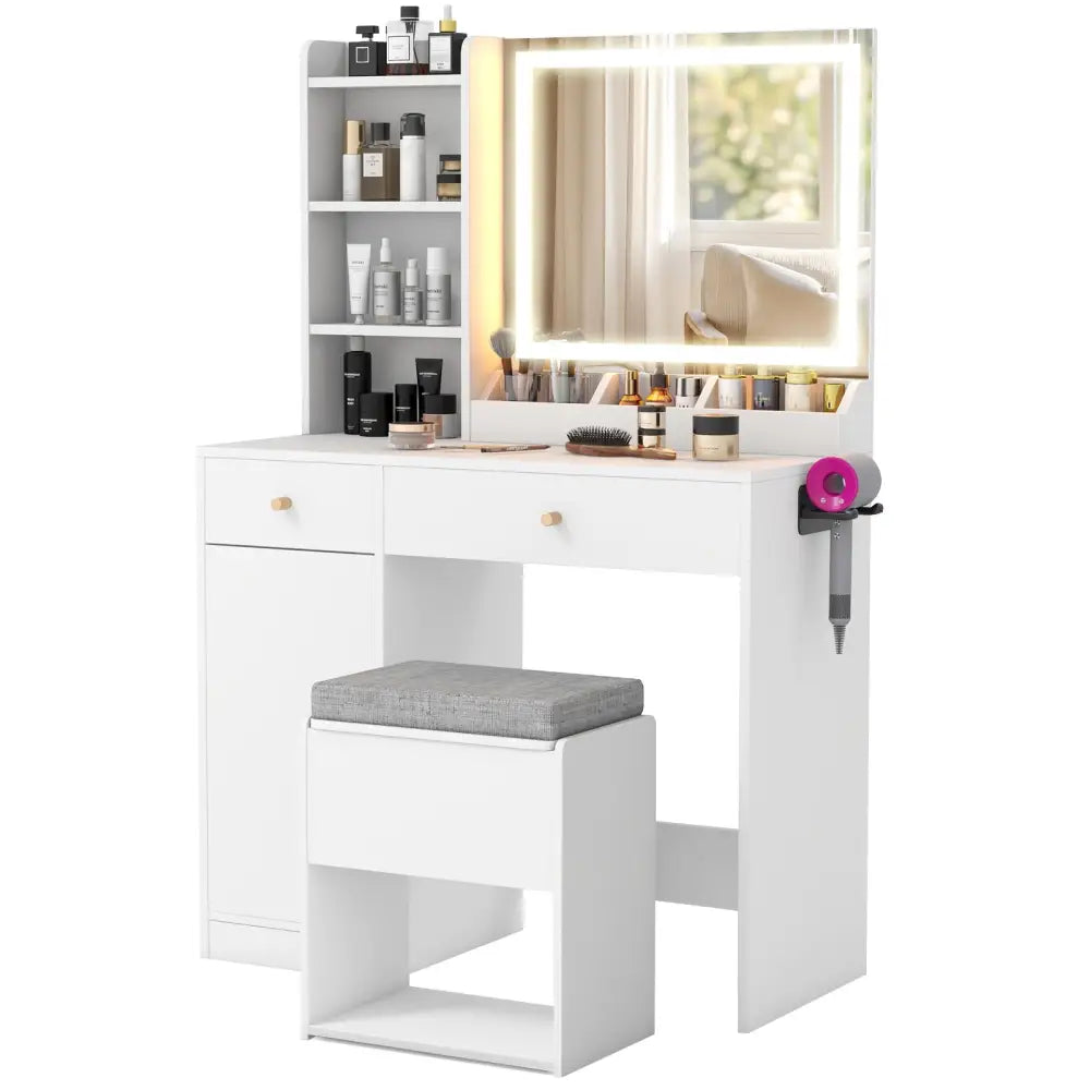 Vanity Dressing Table and Chair Set with Mirror and Lights-White - White - Makeup Vanities