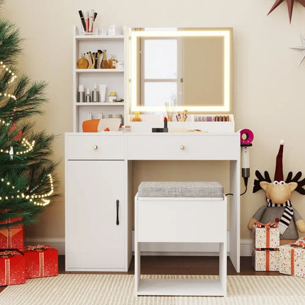 Vanity Dressing Table and Chair Set with Mirror and Lights-White - White - Makeup Vanities