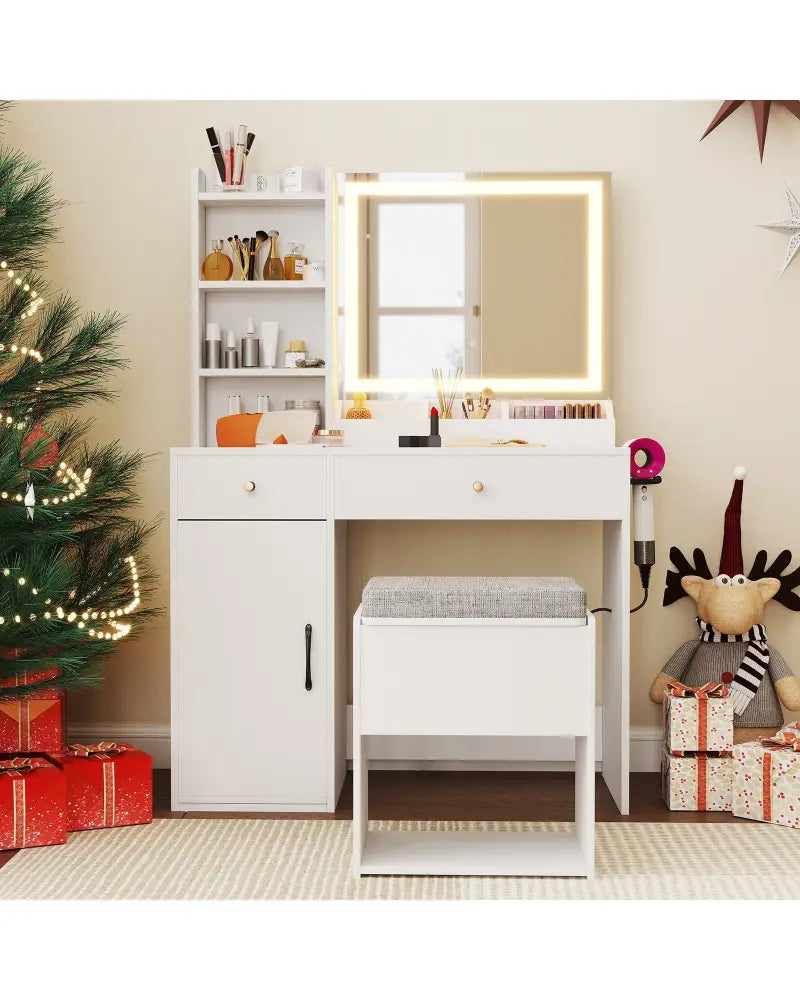 Vanity Dressing Table and Chair Set with Mirror and Lights-White - White - Makeup Vanities