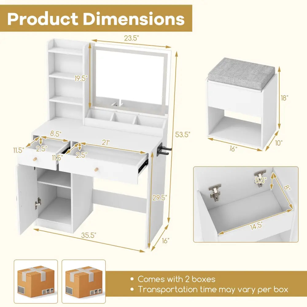 Vanity Dressing Table and Chair Set with Mirror and Lights-White - White - Makeup Vanities