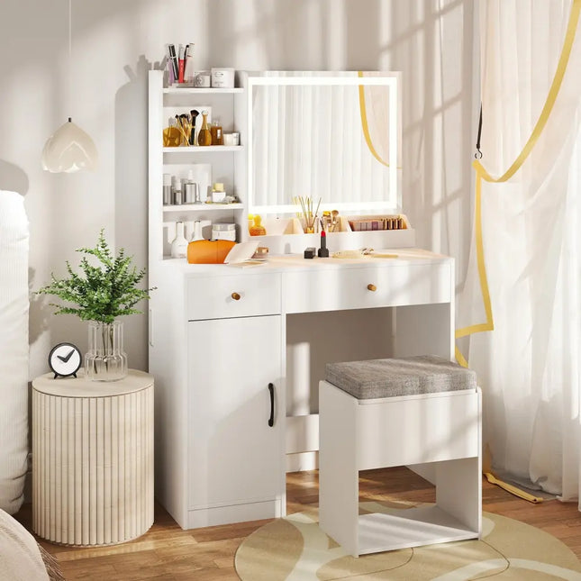 Vanity Dressing Table and Chair Set with Mirror and Lights-White - White - Makeup Vanities