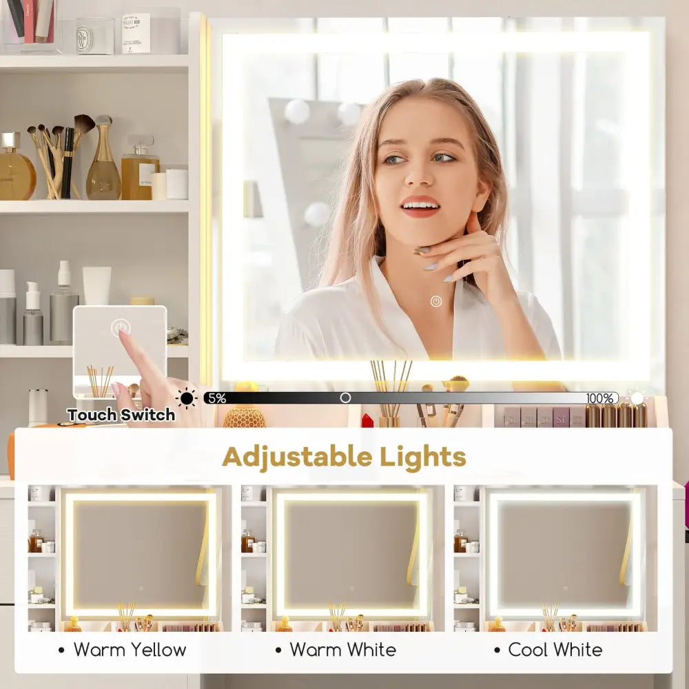 Vanity Dressing Table and Chair Set with Mirror and Lights-White - White - Makeup Vanities