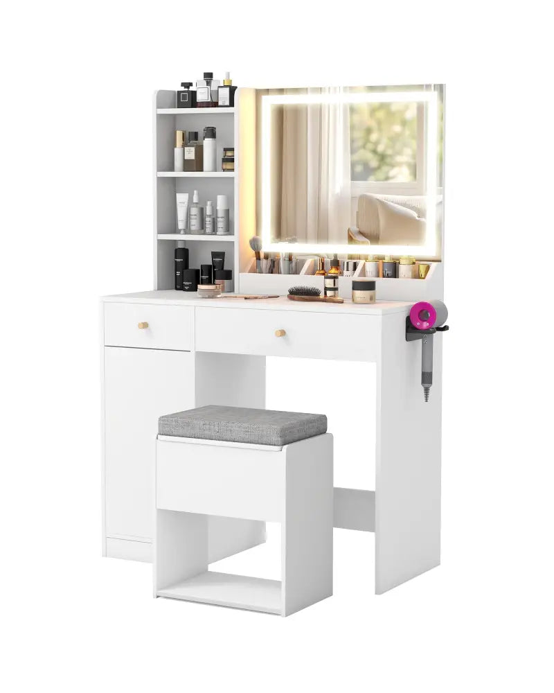 Vanity Dressing Table and Chair Set with Mirror and Lights-White - White - Makeup Vanities