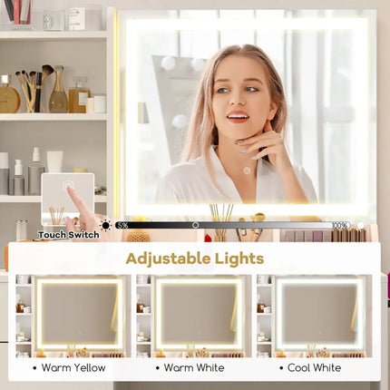 Vanity Dressing Table and Chair Set with Mirror and Lights-White - White - Makeup Vanities