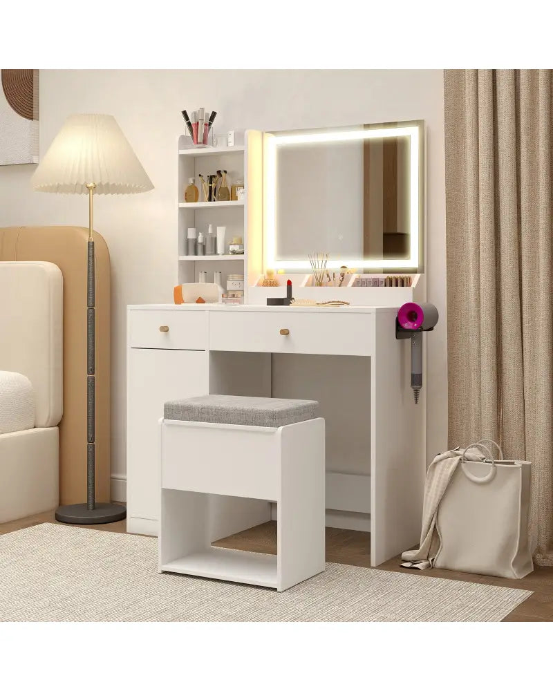 Vanity Dressing Table and Chair Set with Mirror and Lights-White - White - Makeup Vanities
