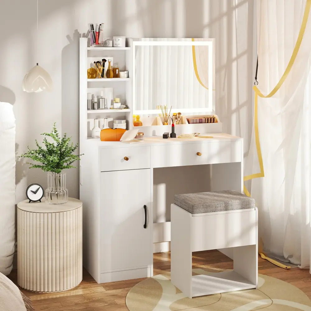 Vanity Dressing Table and Chair Set with Mirror and Lights-White - White - Makeup Vanities