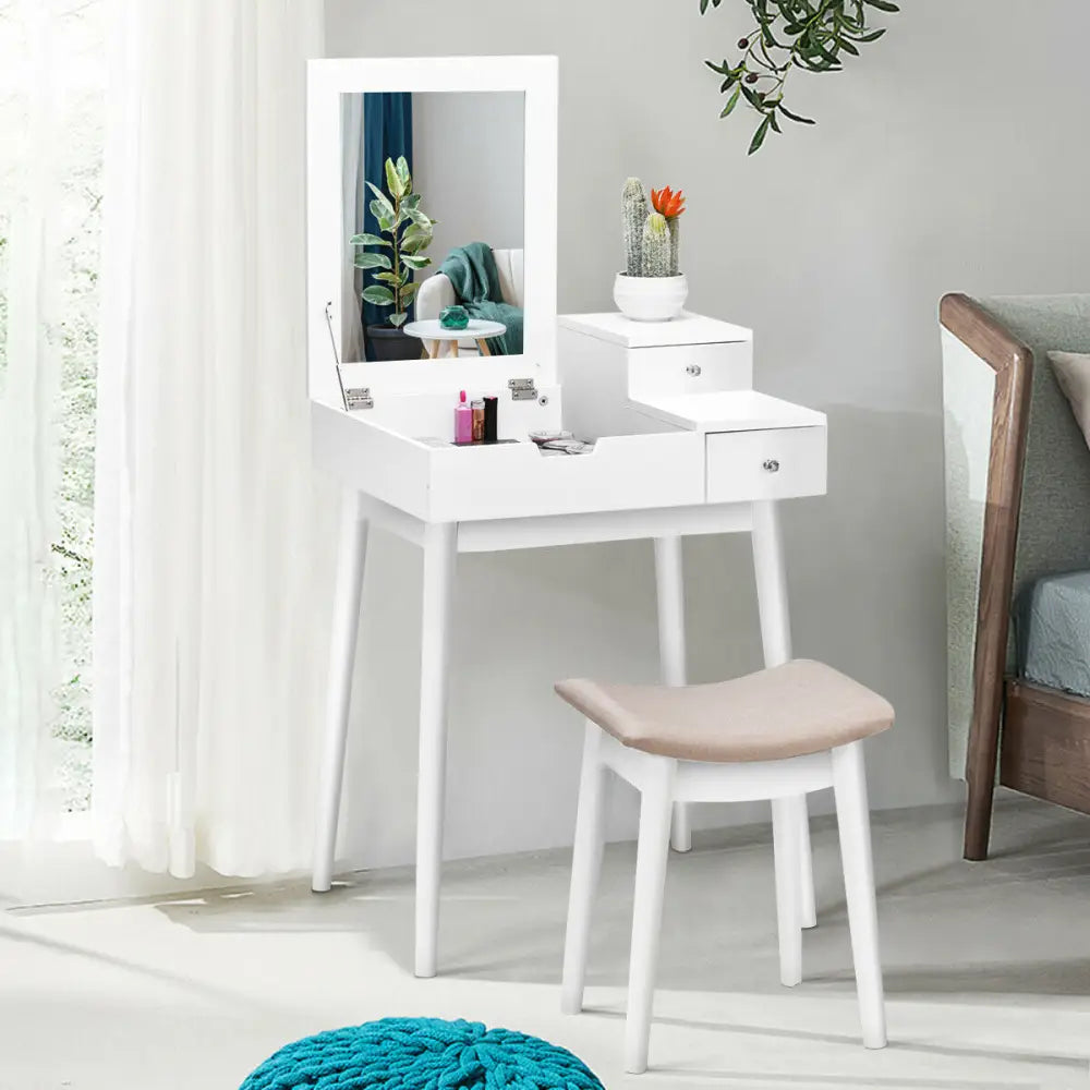 Vanity Dressing Table Set Flip Mirror Desk Furniture Stool - White - Makeup Vanities