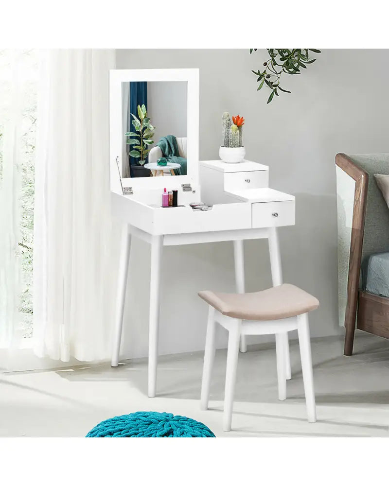 Vanity Dressing Table Set Flip Mirror Desk Furniture Stool - White - Makeup Vanities