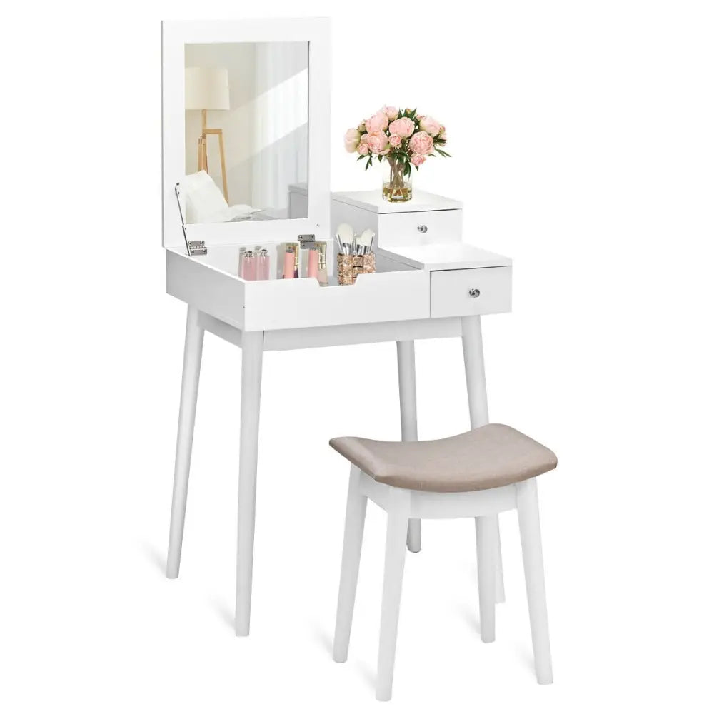 Vanity Dressing Table Set Flip Mirror Desk Furniture Stool - White - Makeup Vanities