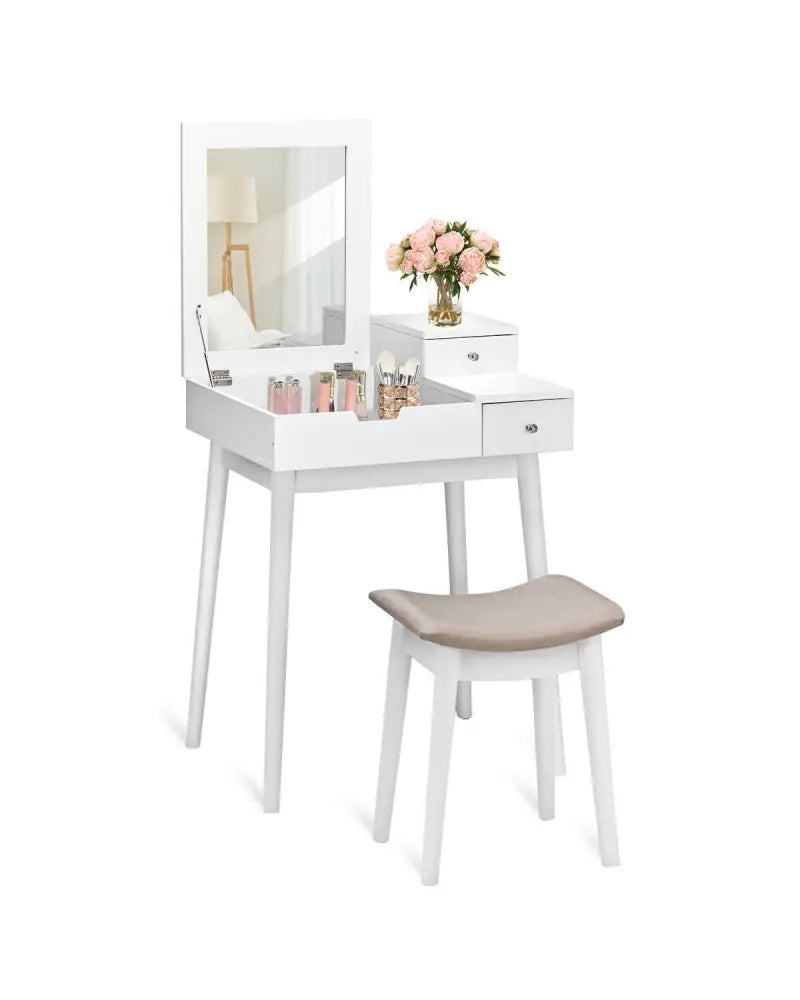 Vanity Dressing Table Set Flip Mirror Desk Furniture Stool - White - Makeup Vanities
