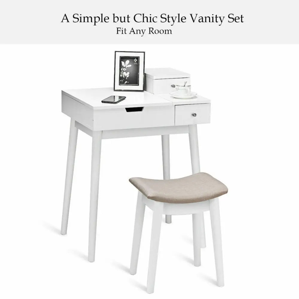 Vanity Dressing Table Set Flip Mirror Desk Furniture Stool - White - Makeup Vanities