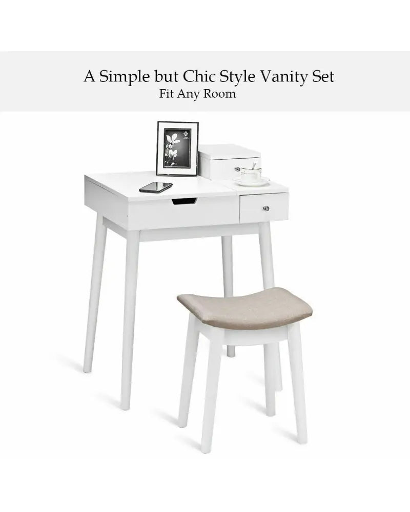 Vanity Dressing Table Set Flip Mirror Desk Furniture Stool - White - Makeup Vanities