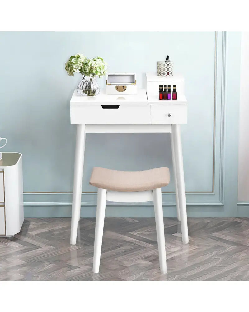 Vanity Dressing Table Set Flip Mirror Desk Furniture Stool - White - Makeup Vanities