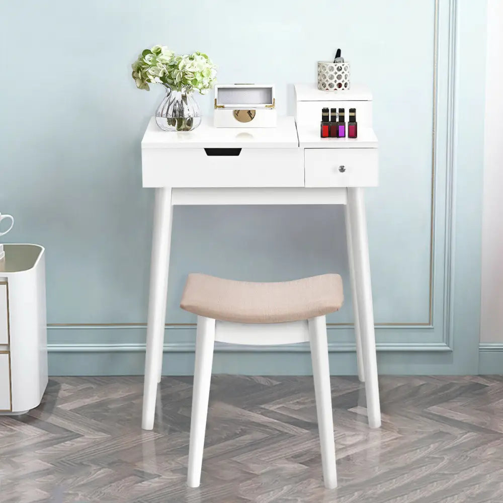 Vanity Dressing Table Set Flip Mirror Desk Furniture Stool - White - Makeup Vanities