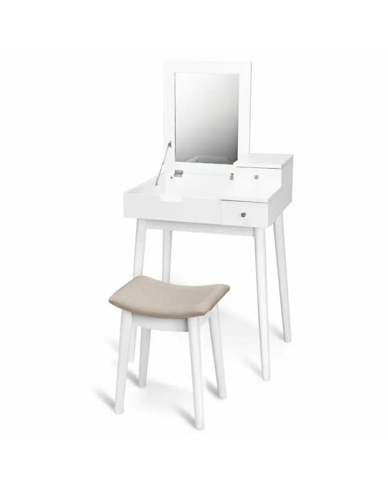 Vanity Dressing Table Set Flip Mirror Desk Furniture Stool - White - Makeup Vanities