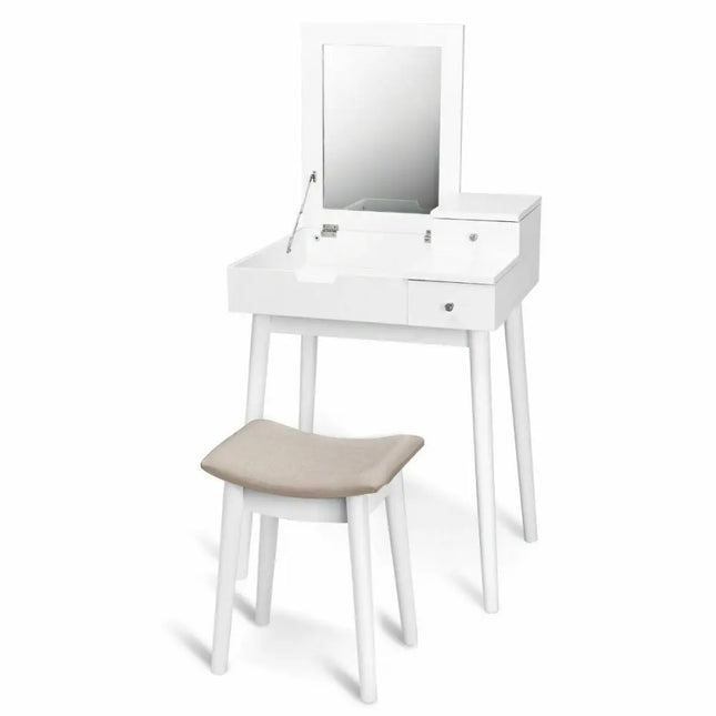 Vanity Dressing Table Set Flip Mirror Desk Furniture Stool - White - Makeup Vanities