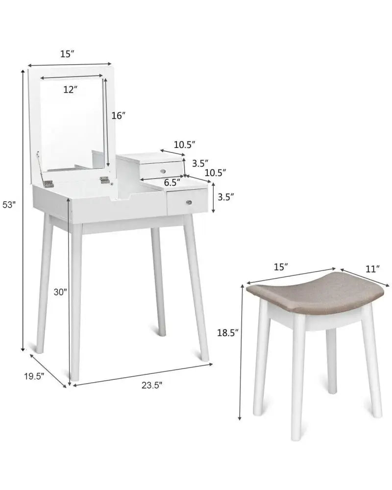Vanity Dressing Table Set Flip Mirror Desk Furniture Stool - White - Makeup Vanities