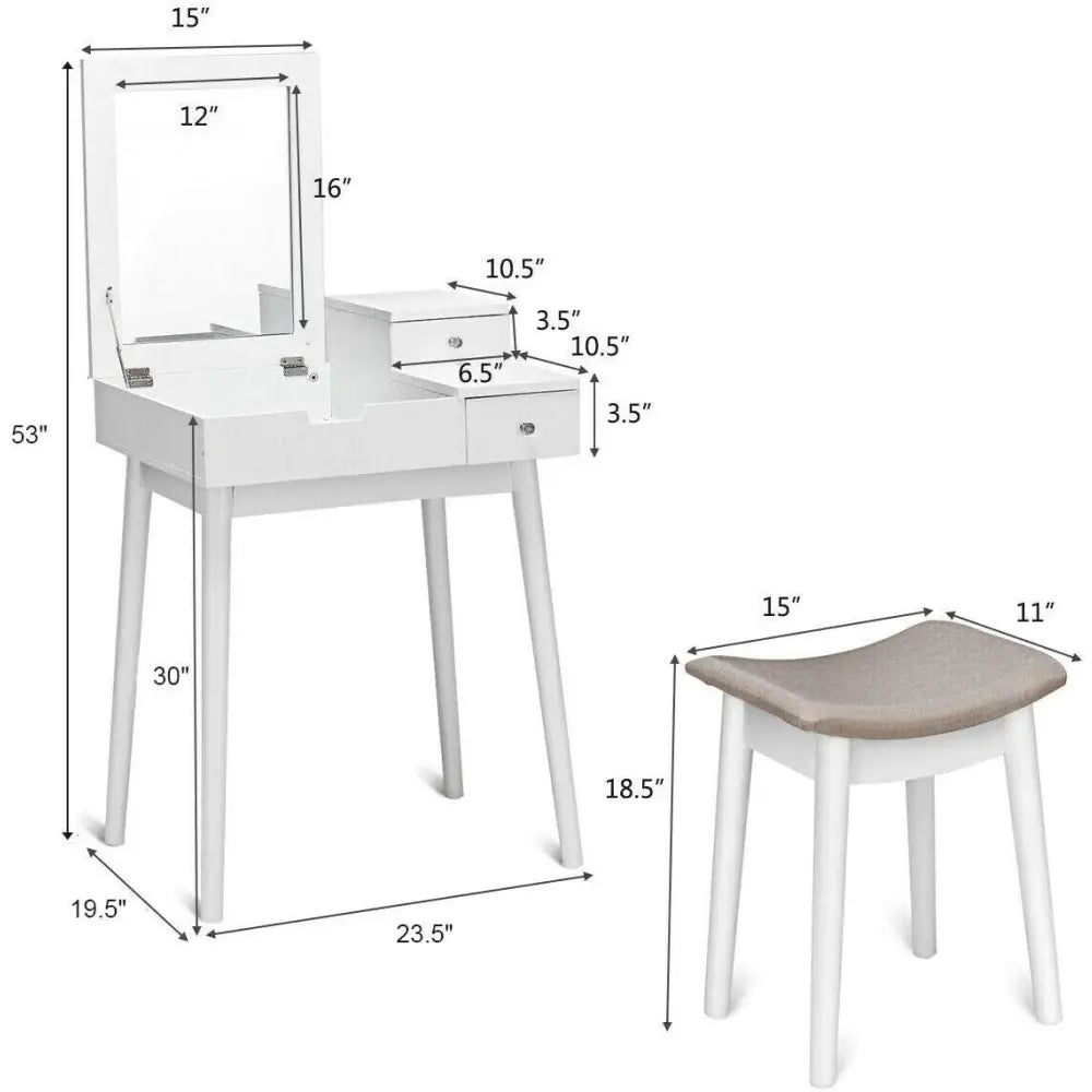 Vanity Dressing Table Set Flip Mirror Desk Furniture Stool - White - Makeup Vanities