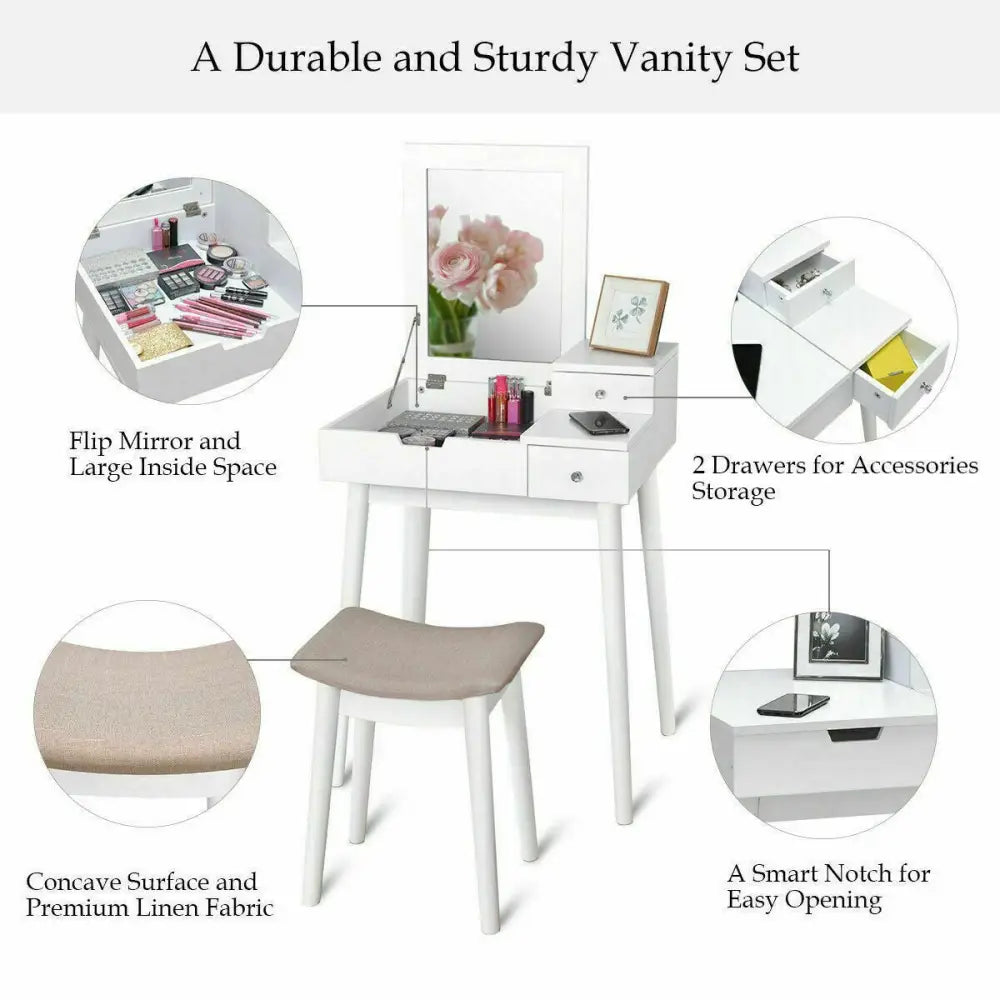 Vanity Dressing Table Set Flip Mirror Desk Furniture Stool - White - Makeup Vanities