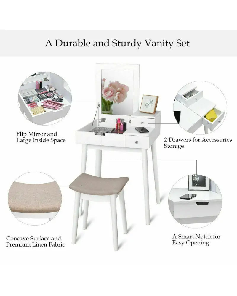 Vanity Dressing Table Set Flip Mirror Desk Furniture Stool - White - Makeup Vanities