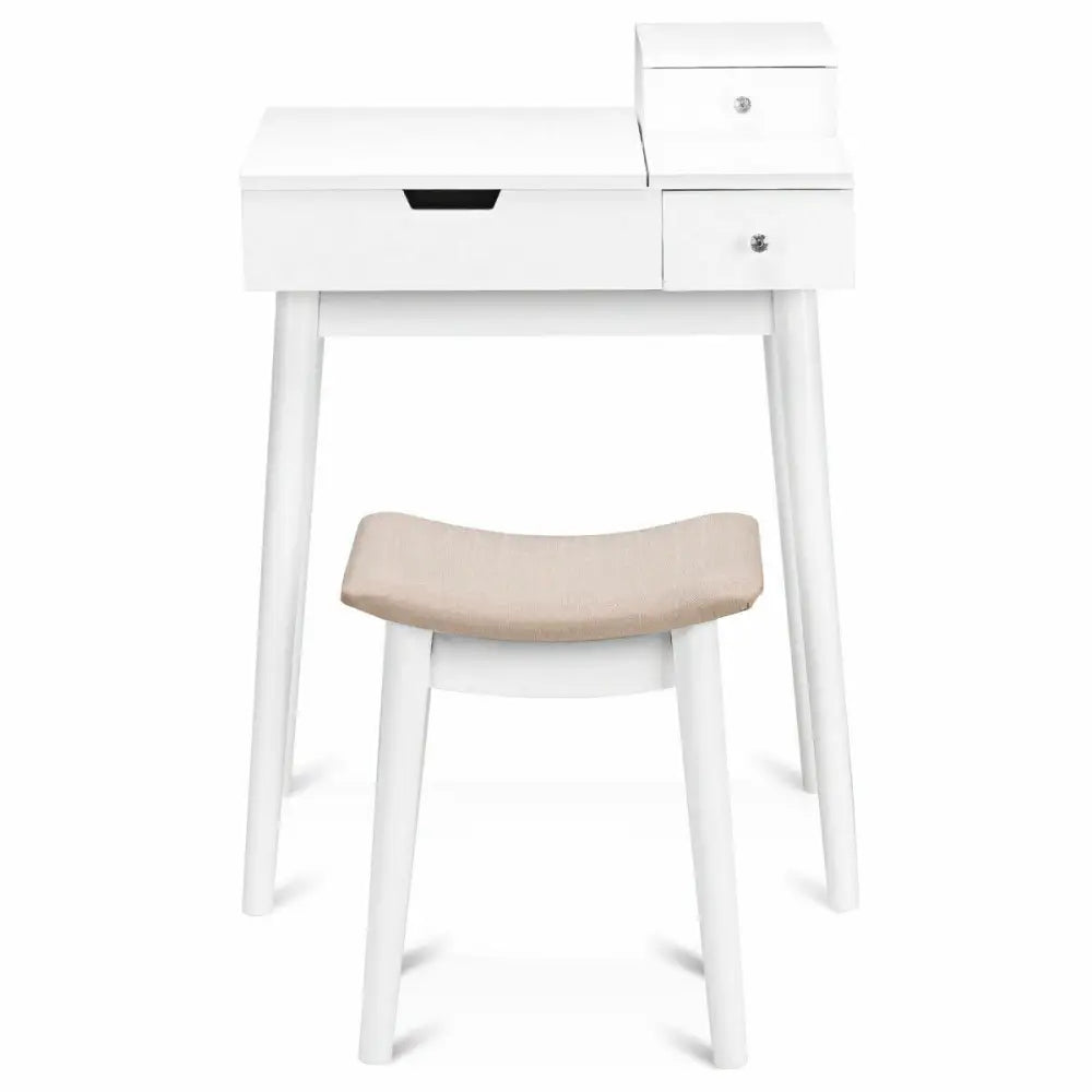 Vanity Dressing Table Set Flip Mirror Desk Furniture Stool - White - Makeup Vanities