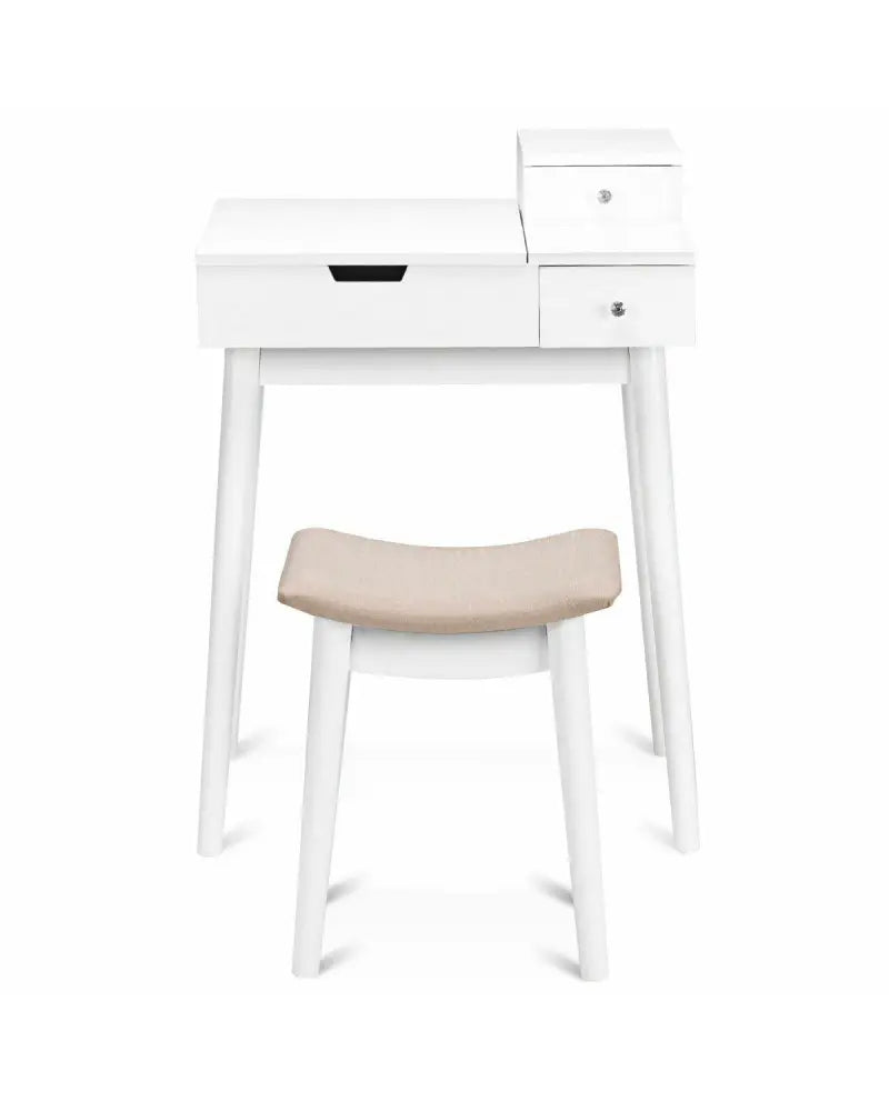 Vanity Dressing Table Set Flip Mirror Desk Furniture Stool - White - Makeup Vanities