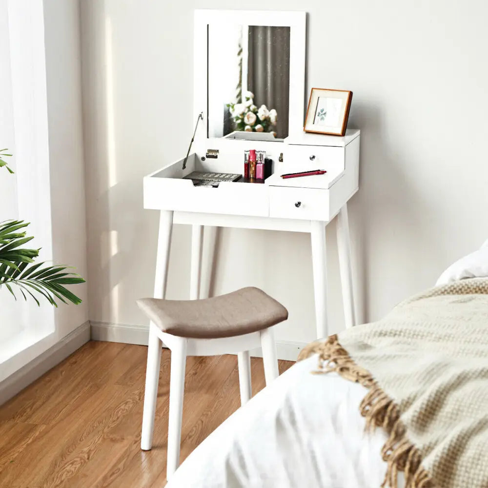 Vanity Dressing Table Set Flip Mirror Desk Furniture Stool - White - Makeup Vanities