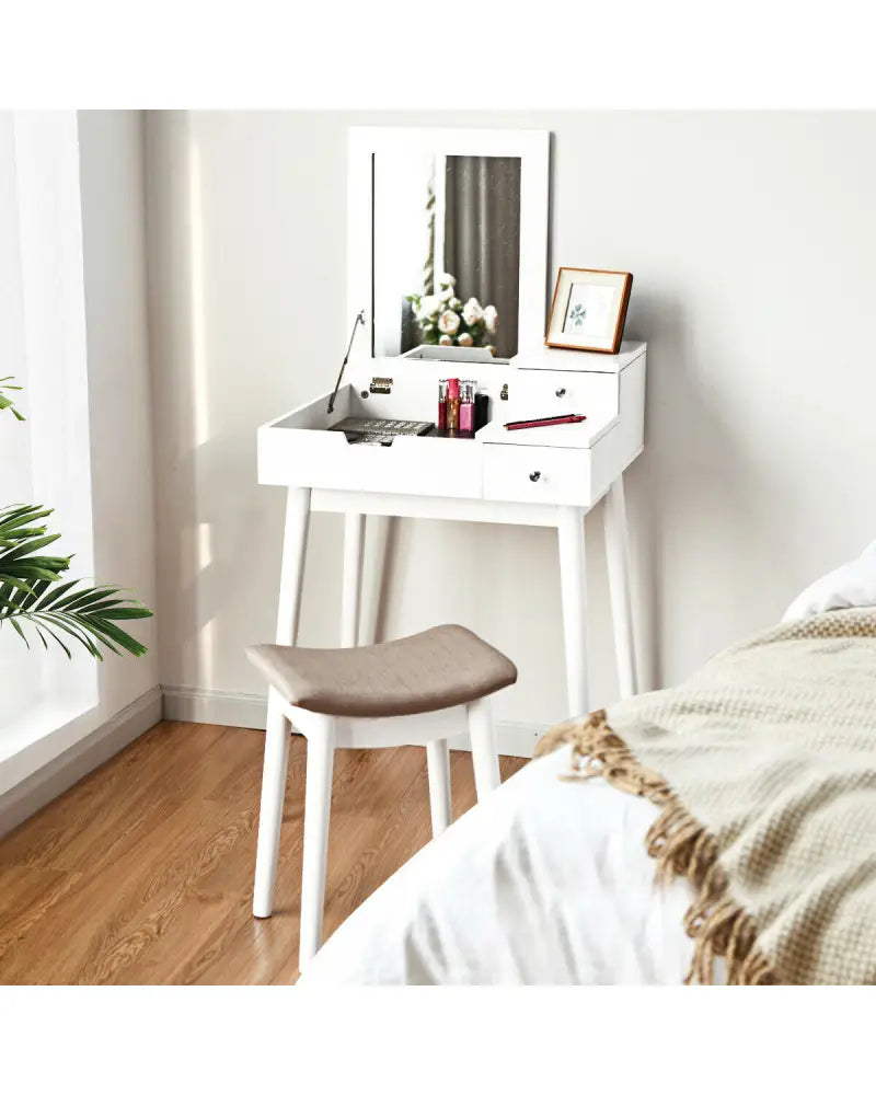 Vanity Dressing Table Set Flip Mirror Desk Furniture Stool - White - Makeup Vanities