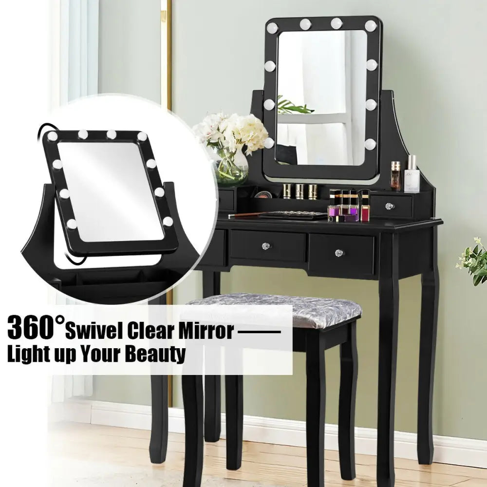 Vanity Dressing Table Set with 10 Dimmable Bulbs and Cushioned Stool-Black - Black - Makeup Vanities