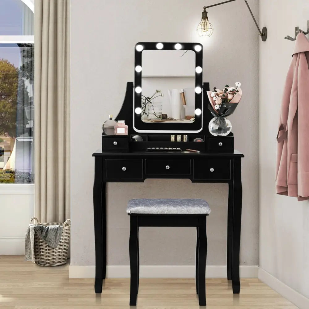 Vanity Dressing Table Set with 10 Dimmable Bulbs and Cushioned Stool-Black - Black - Makeup Vanities