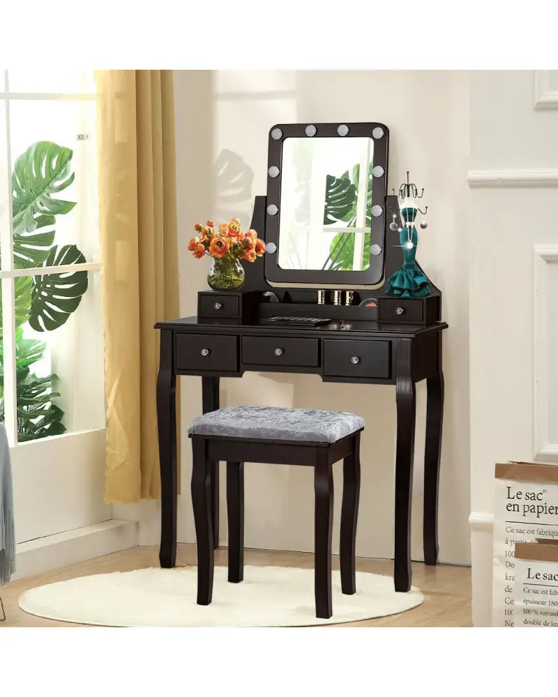 Vanity Dressing Table Set with 10 Dimmable Bulbs and Cushioned Stool-Brown - Brown - Makeup Vanities