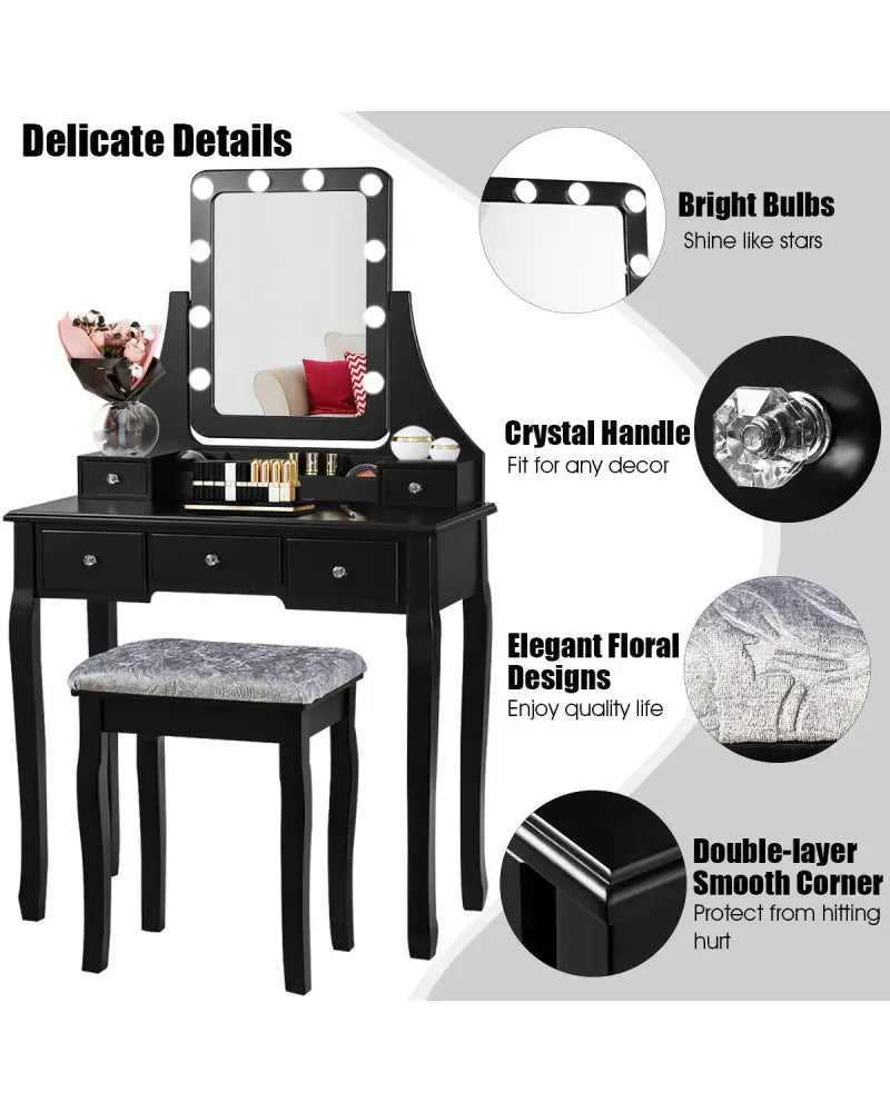 Vanity Dressing Table Set with 10 Dimmable Bulbs and Cushioned Stool-Black - Black - Makeup Vanities