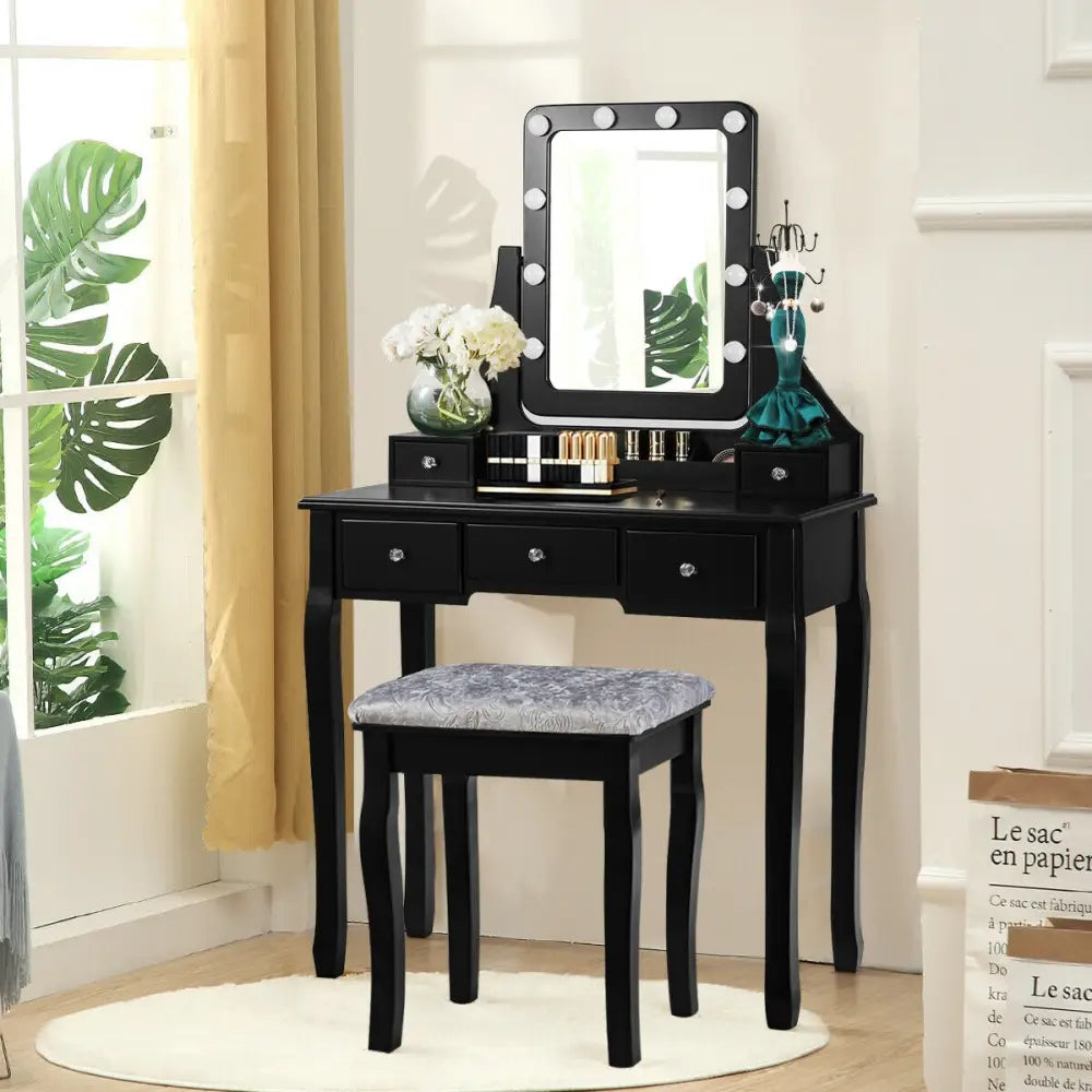 Vanity Dressing Table Set with 10 Dimmable Bulbs and Cushioned Stool-Black - Black - Makeup Vanities